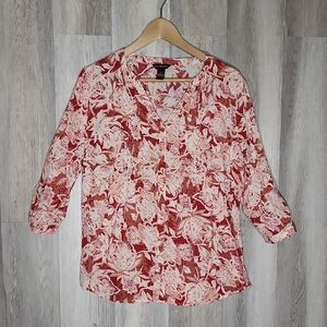 Bit & Bridle Womens Medium Button Up Shirt‎ Blouse Floral Collared 3/4 Sleeve